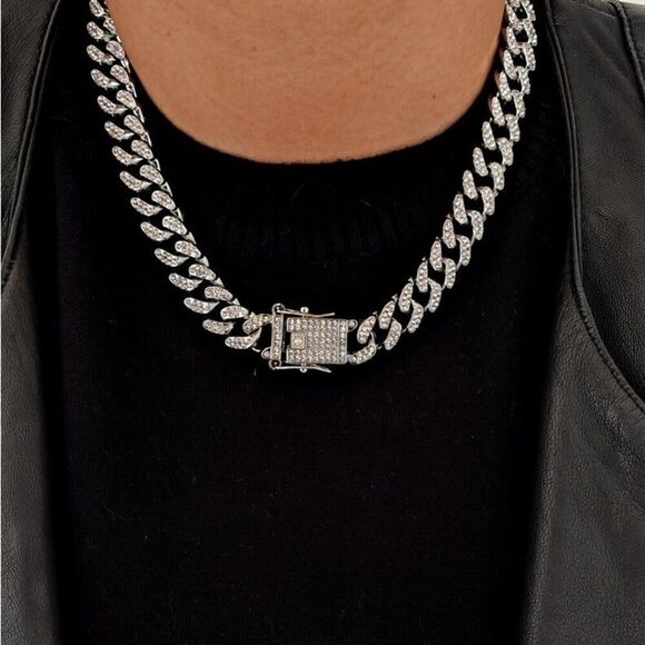Silver Plated Rhinestone Cuban Link Iced Necklace - Picture 1 of 8